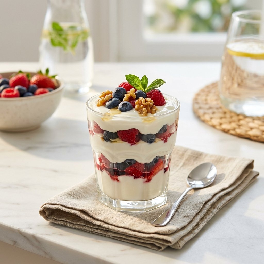 A glass of Greek yogurt parfait topped with walnuts and mixed berries on a white marble surface with a spoon beside it.