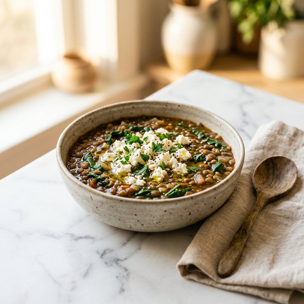 A bowl of lentil and spinach stew topped with crumbled feta on a white marble surface with a wooden spoon and linen napkin nearby.