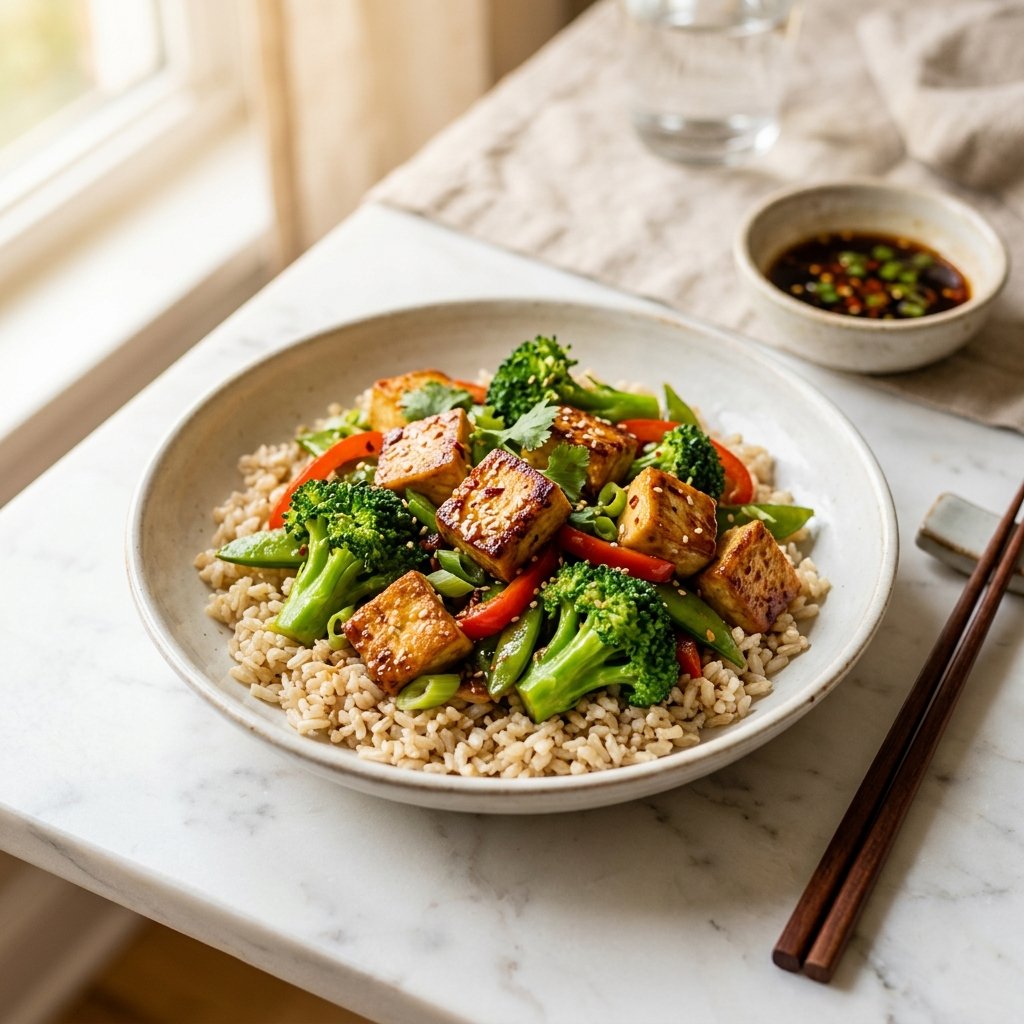 A plate of seared tofu and broccoli stir-fry with brown rice on a white marble surface, accompanied by chopsticks and a small bowl of sauce.