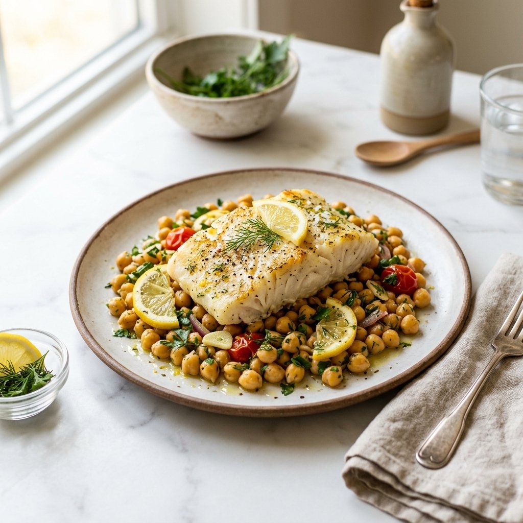 A plate of baked cod served on lemon-herb chickpeas on a white marble surface.