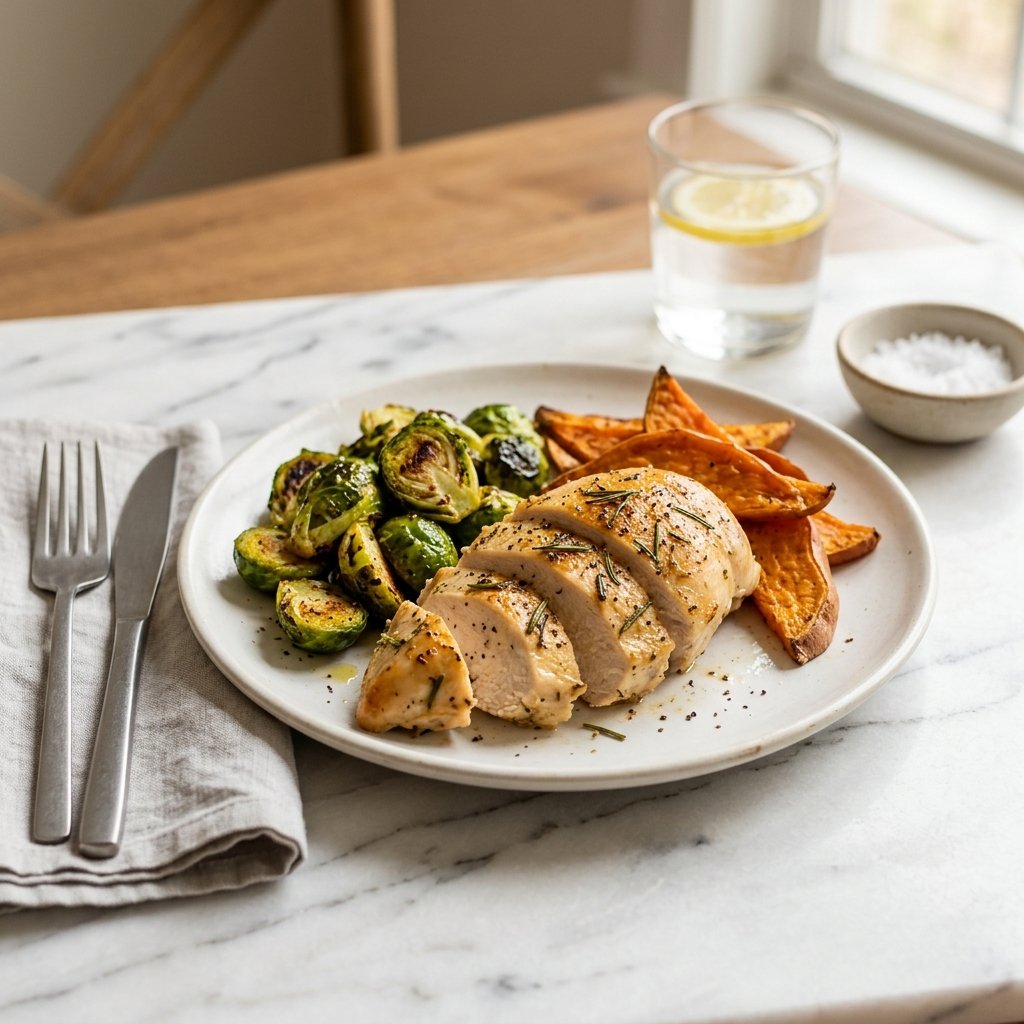Plate with chicken breast, roasted Brussels sprouts, and sweet potato wedges on a white marble surface.