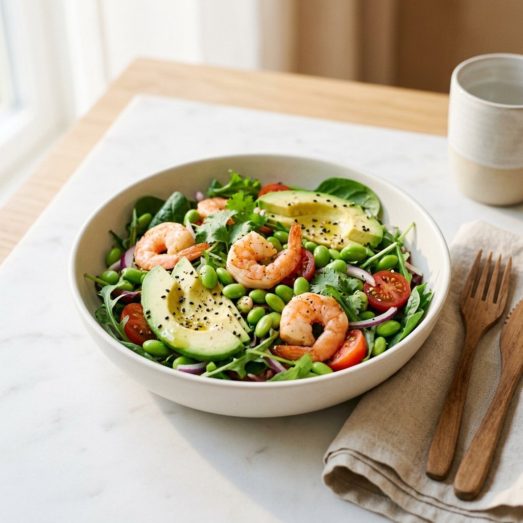 A bowl of shrimp and avocado salad with edamame on a white marble surface, with a wooden fork and a light linen napkin nearby.