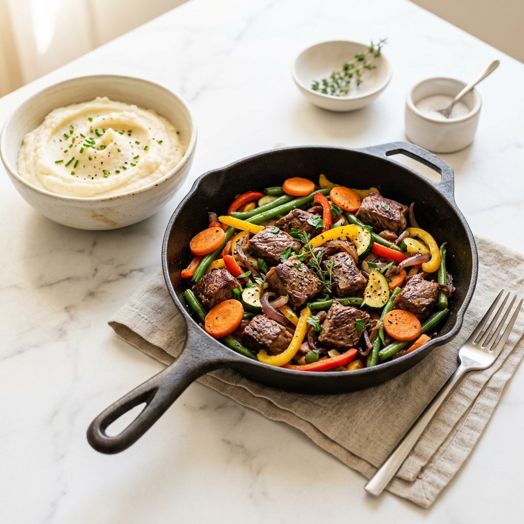 A skillet with beef and mixed vegetables served with a side of creamy cauliflower mash on a white marble surface.