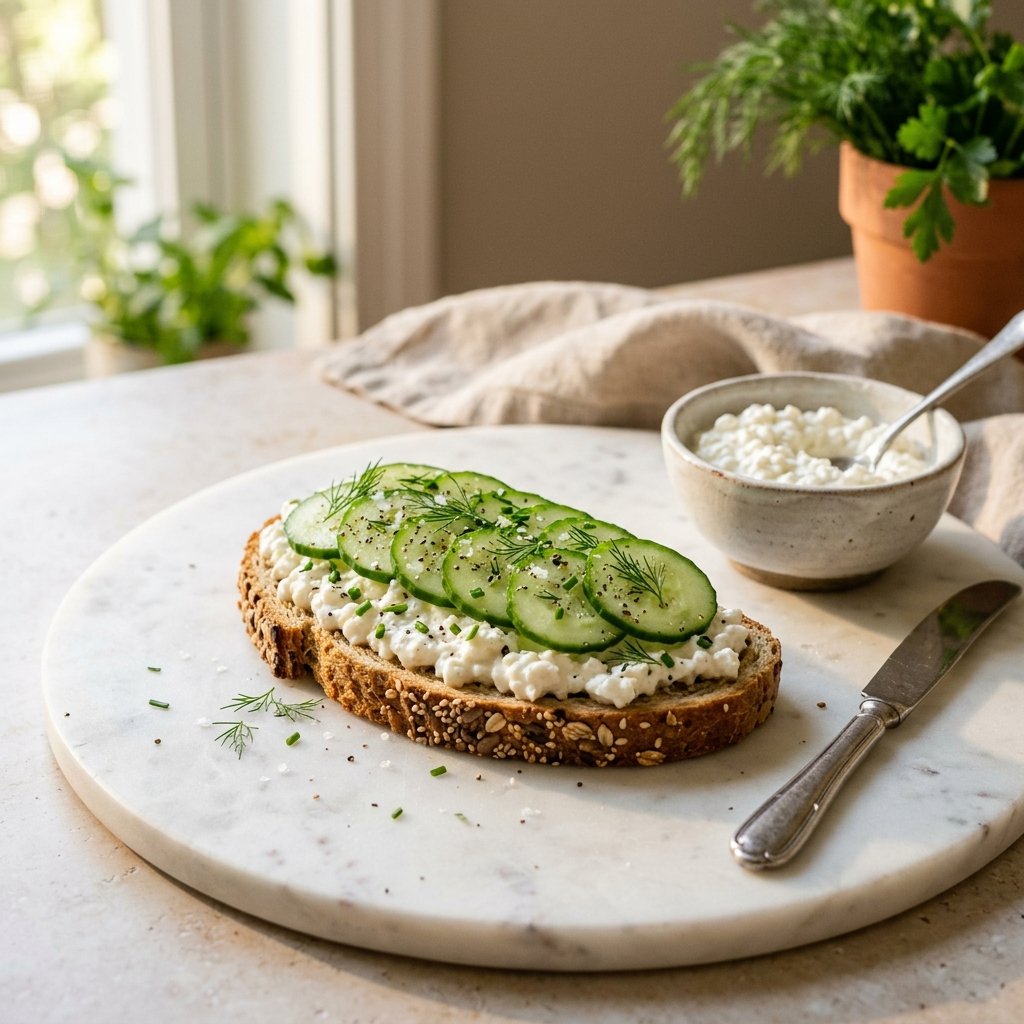 An open-faced sandwich with cottage cheese and cucumber slices on rustic bread, placed on a white marble surface with a small dish of cottage cheese and a butter knife nearby.