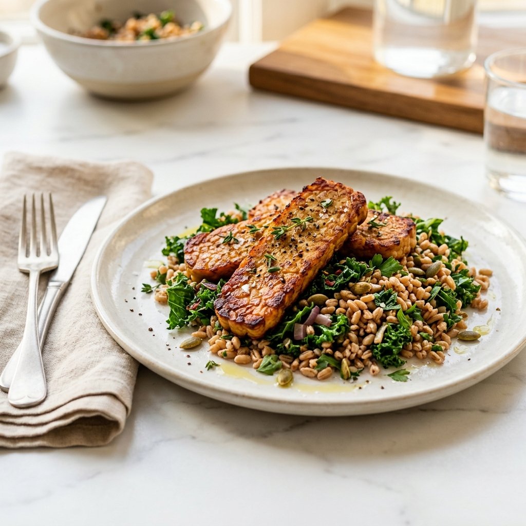 A plate of pan-seared tempeh with sautéed kale and farro on a white marble surface.
