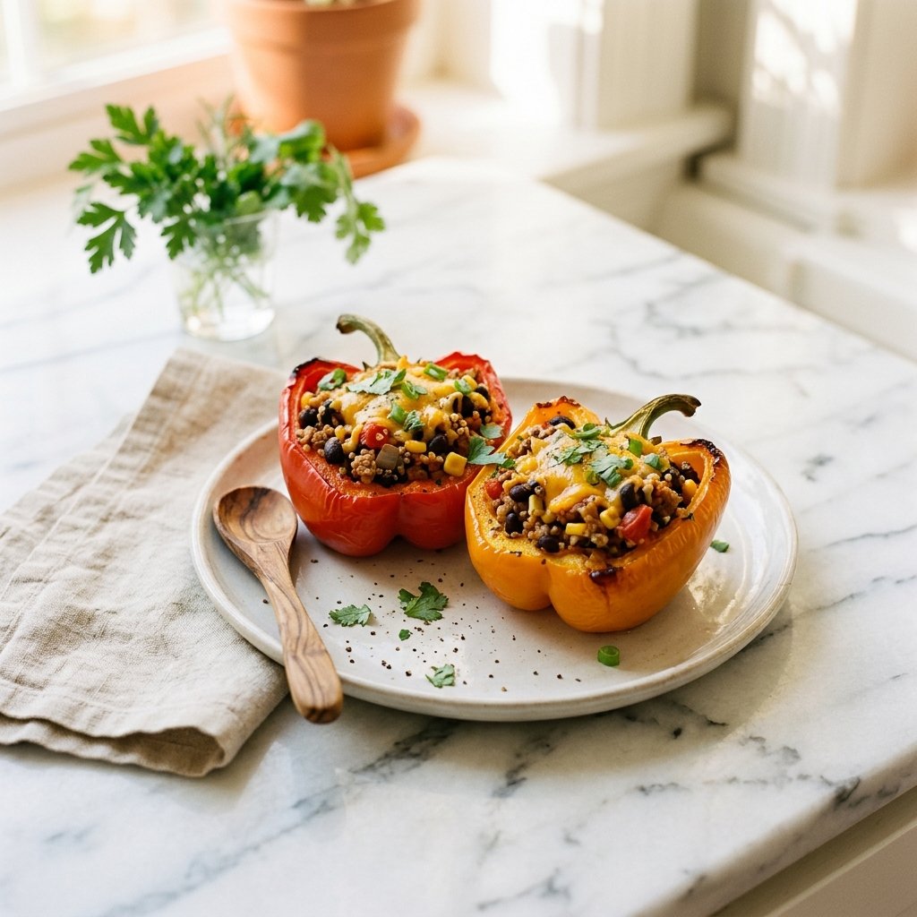Close-up of stuffed bell peppers filled with ground turkey and black beans on a white marble surface with warm natural light.