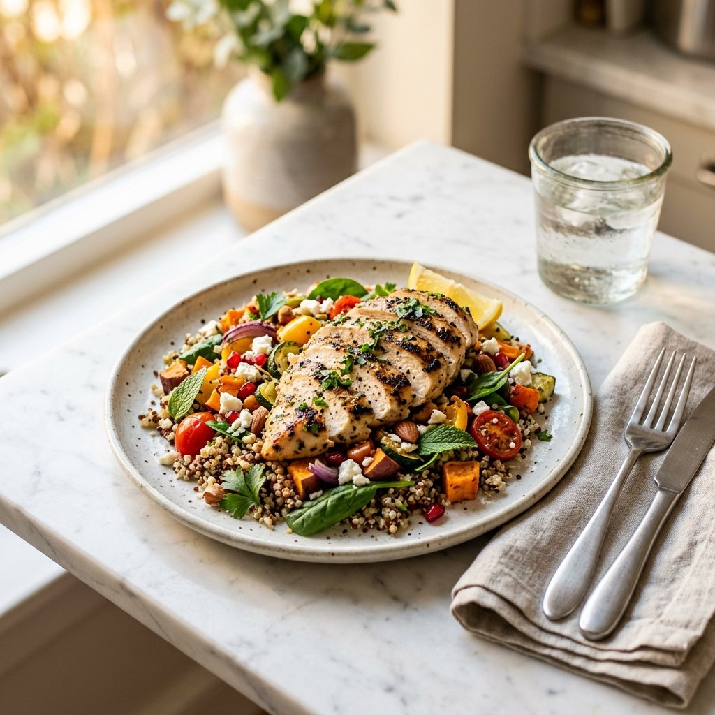 A plated high-protein dinner with grilled chicken breast and quinoa salad on a white marble surface, accompanied by a linen napkin and water glass.