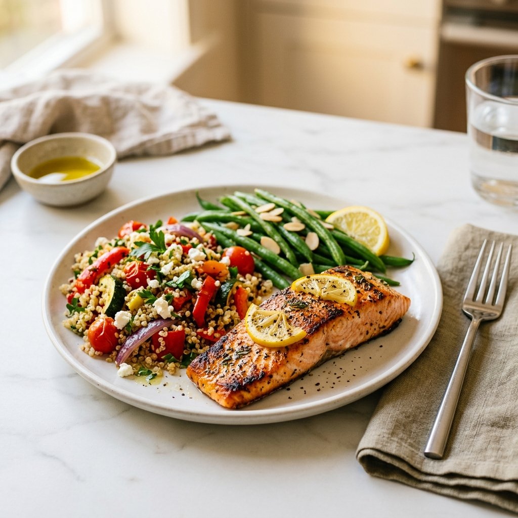 A plated high-protein dinner with grilled salmon, quinoa salad, and green beans on a white marble surface.
