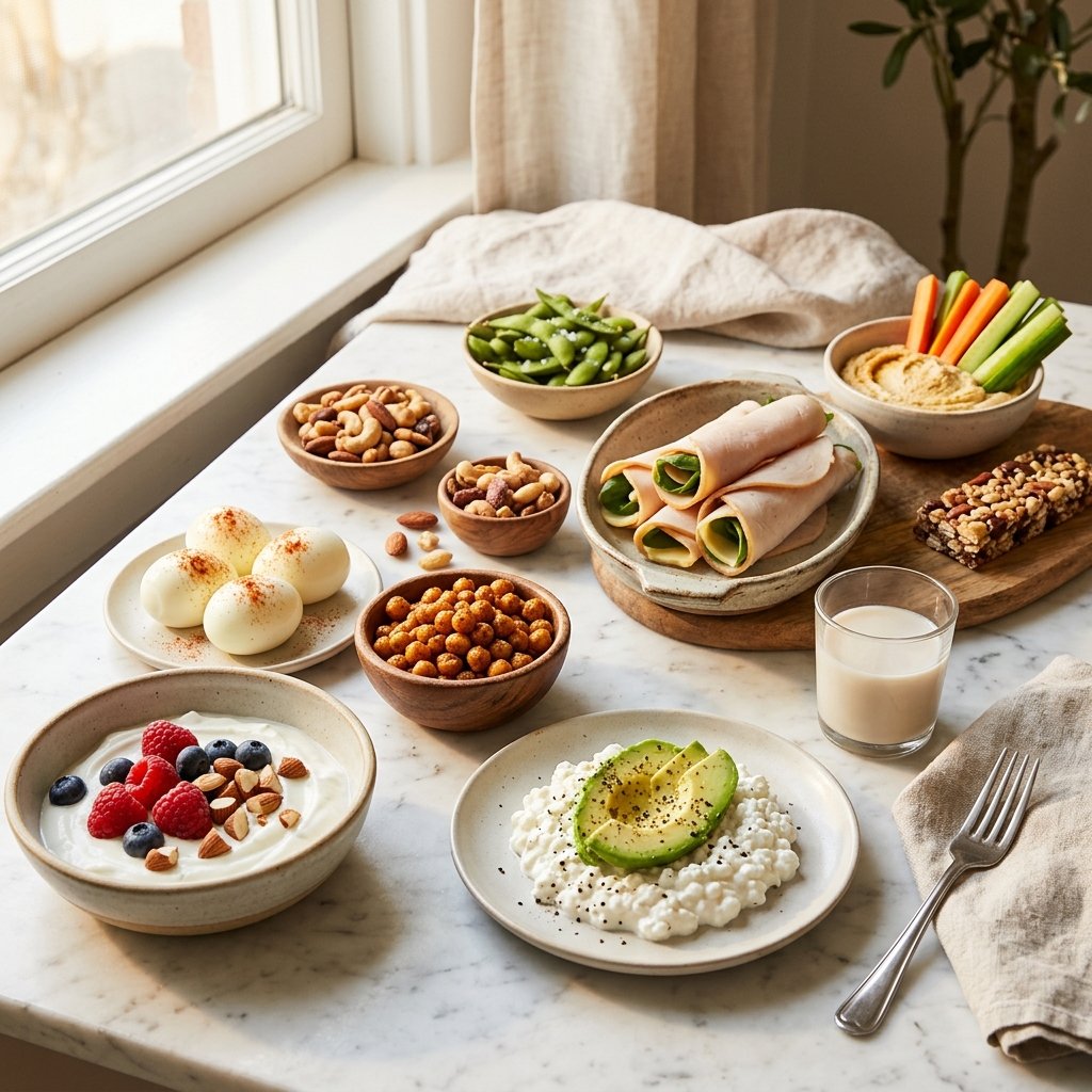 A variety of high-protein snacks arranged on a white marble surface, including yogurt with berries, hard-boiled eggs, nuts, edamame, and hummus with carrot sticks.