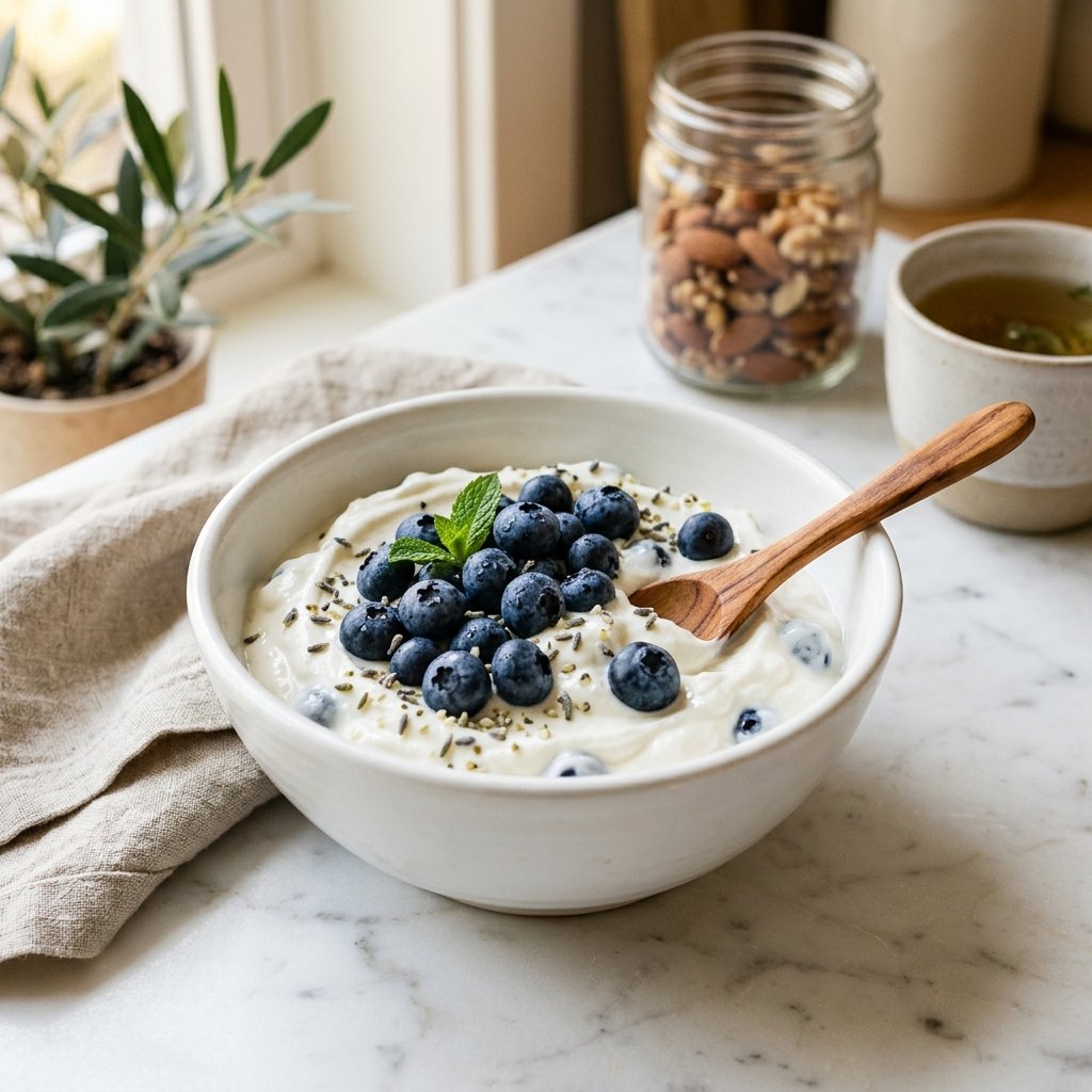 A bowl of Greek yogurt topped with fresh blueberries on a white marble surface with a wooden spoon beside it.