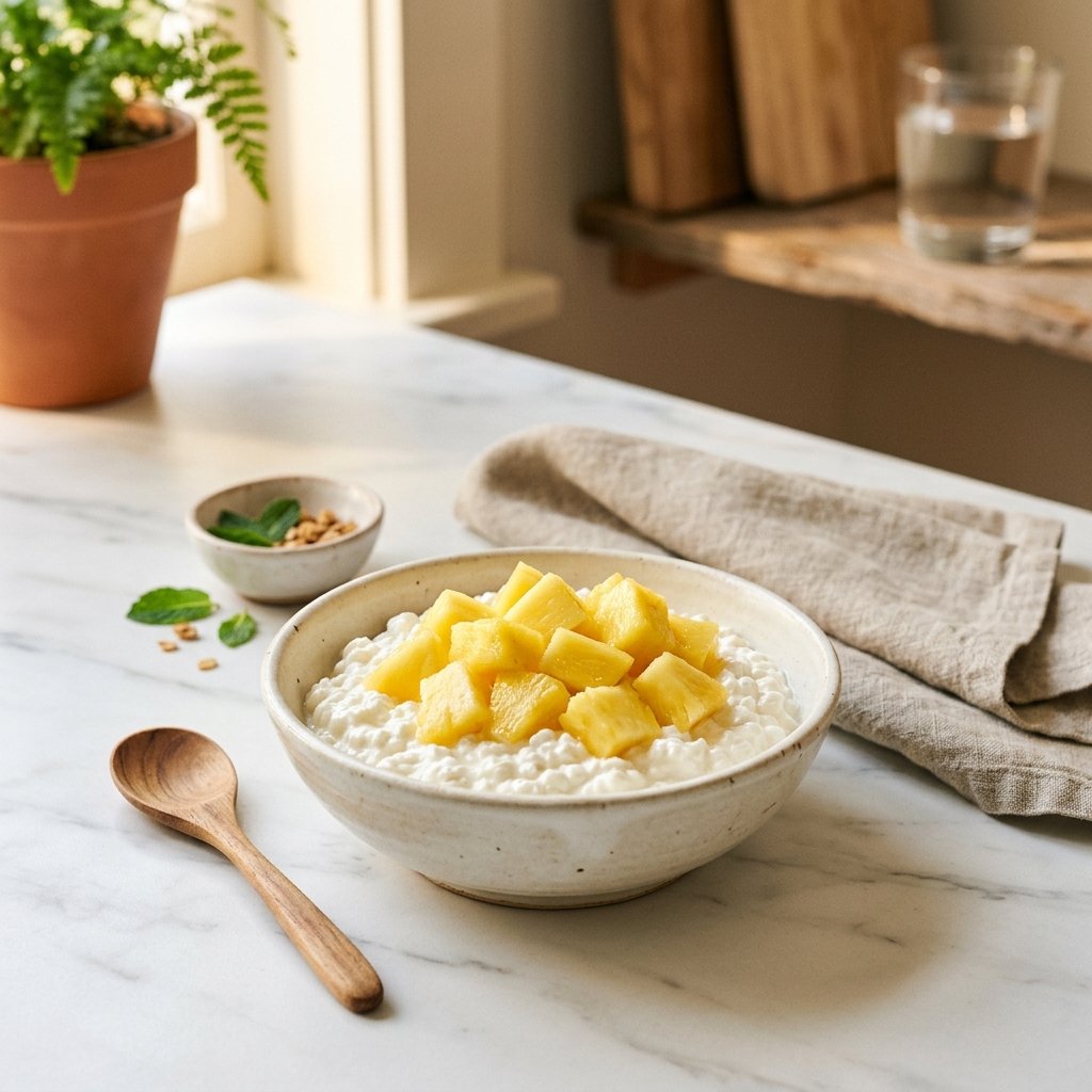 A bowl of cottage cheese topped with pineapple chunks on a white marble surface with a wooden spoon nearby.