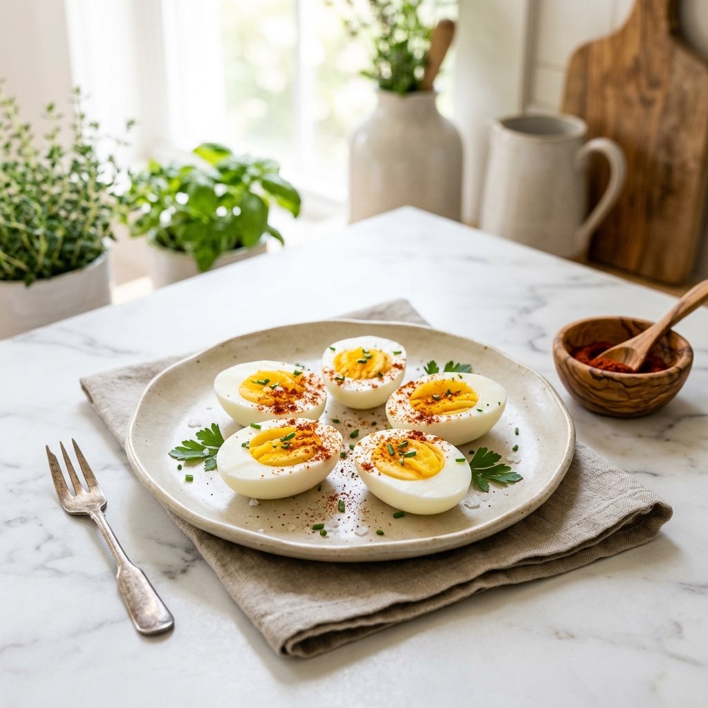 A plate of halved hard-boiled eggs sprinkled with smoked paprika on a white marble surface.