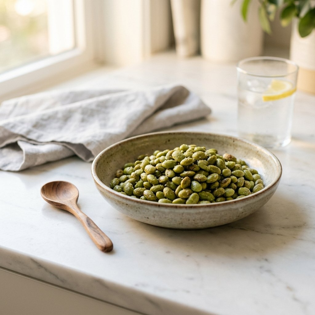 A bowl of dry roasted edamame on a white marble surface with a wooden spoon and a glass of water in the background.