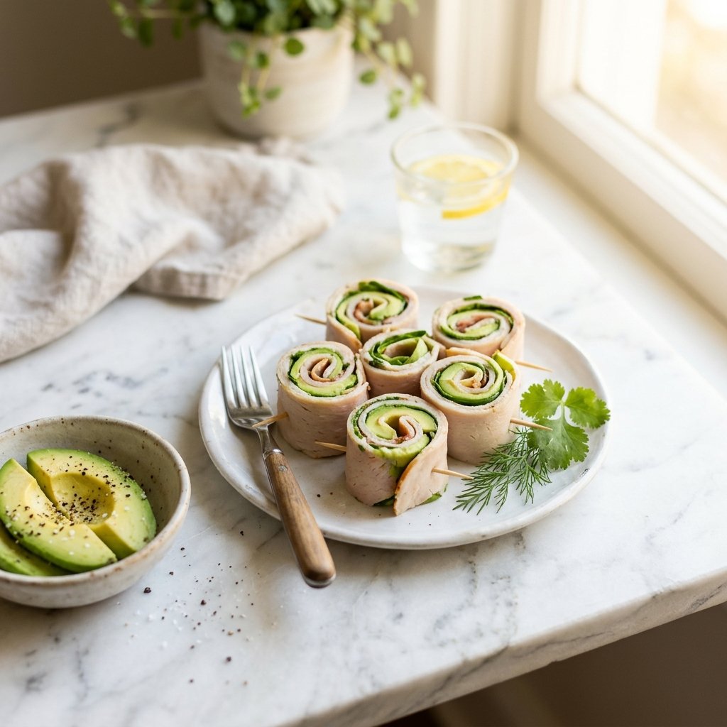 Close-up of turkey and avocado roll-ups neatly arranged on a white marble surface with a small bowl of avocado slices and fresh herbs.