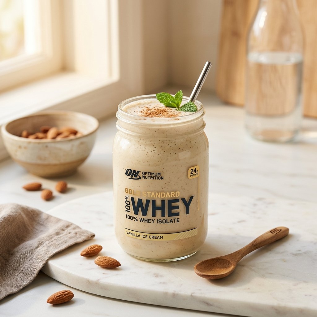 A glass jar filled with a creamy protein smoothie on a white marble surface, accompanied by a wooden spoon and a few almonds.