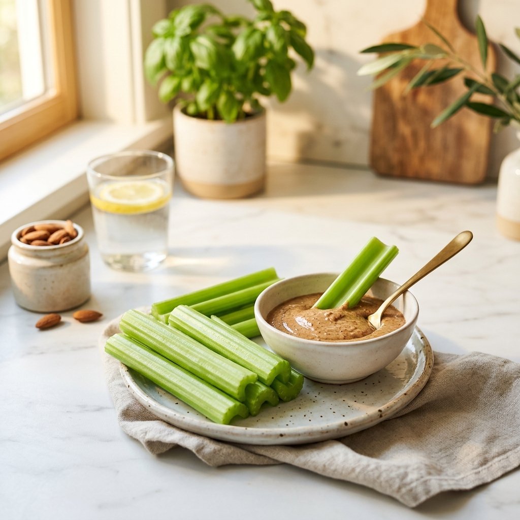 Close-up of celery sticks served with almond butter on a white marble surface.