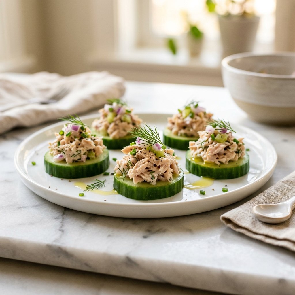 Close-up of tuna salad served on cucumber slices arranged on a white marble surface.