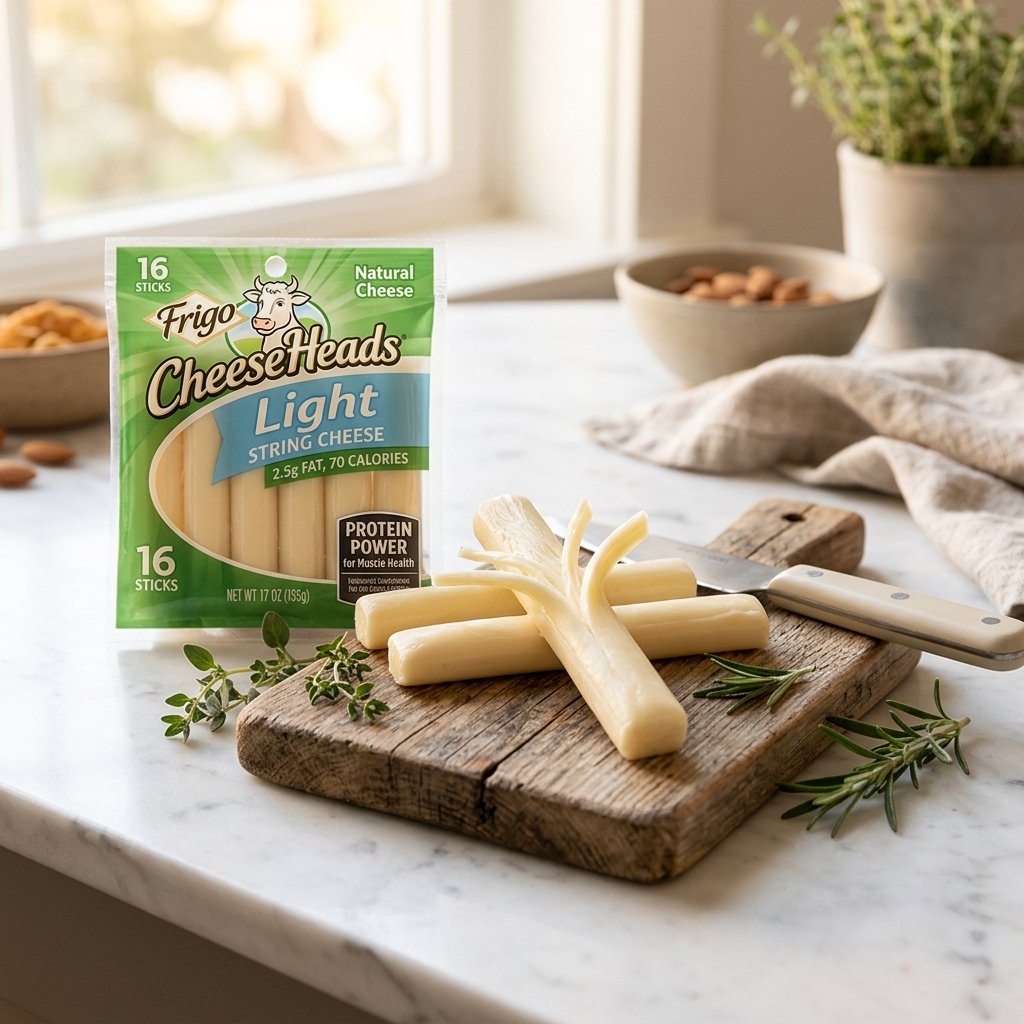 Close-up of low-fat string cheese pieces arranged on a white marble surface with a small wooden board and fresh herbs.