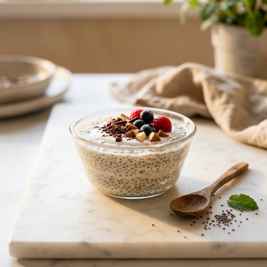 A glass bowl of chia pudding with almond milk on a white marble surface, accompanied by a wooden spoon and scattered chia seeds.
