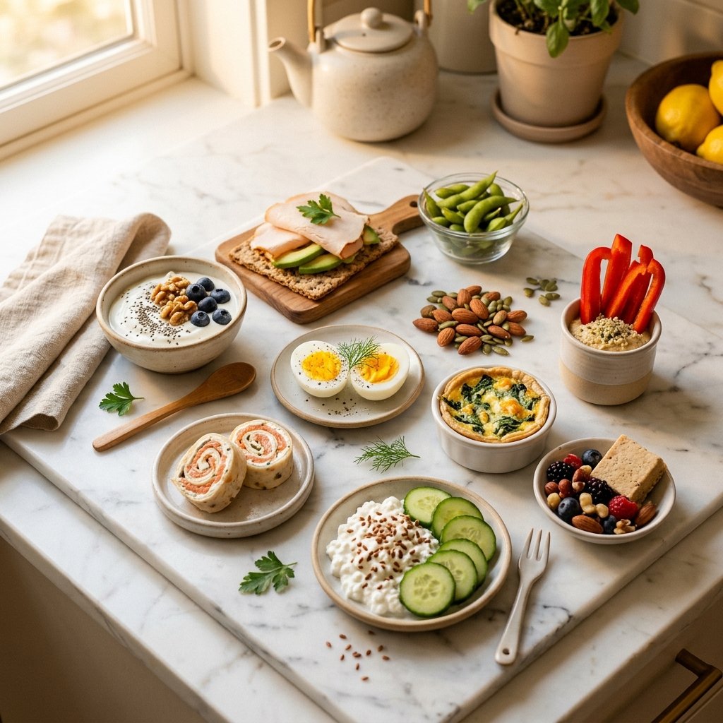 A variety of high-protein snacks arranged on a white marble surface, including nuts, boiled eggs, yogurt, and sliced vegetables.