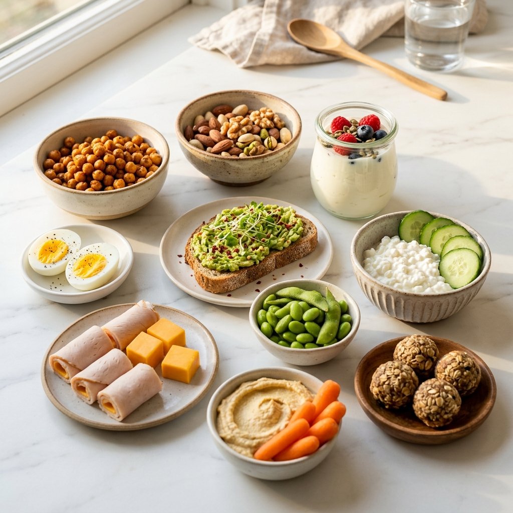 A variety of high-protein snacks arranged on a white marble surface, including nuts, yogurt with berries, avocado toast, hard-boiled eggs, and hummus with vegetables.