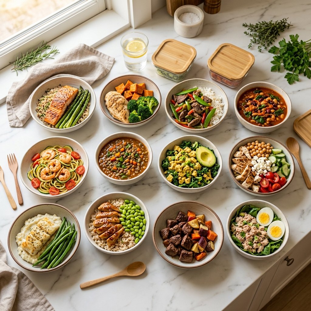 A variety of healthy high-protein meal prep dishes arranged on a white marble surface, featuring fresh vegetables, lean proteins, and simple serving bowls.