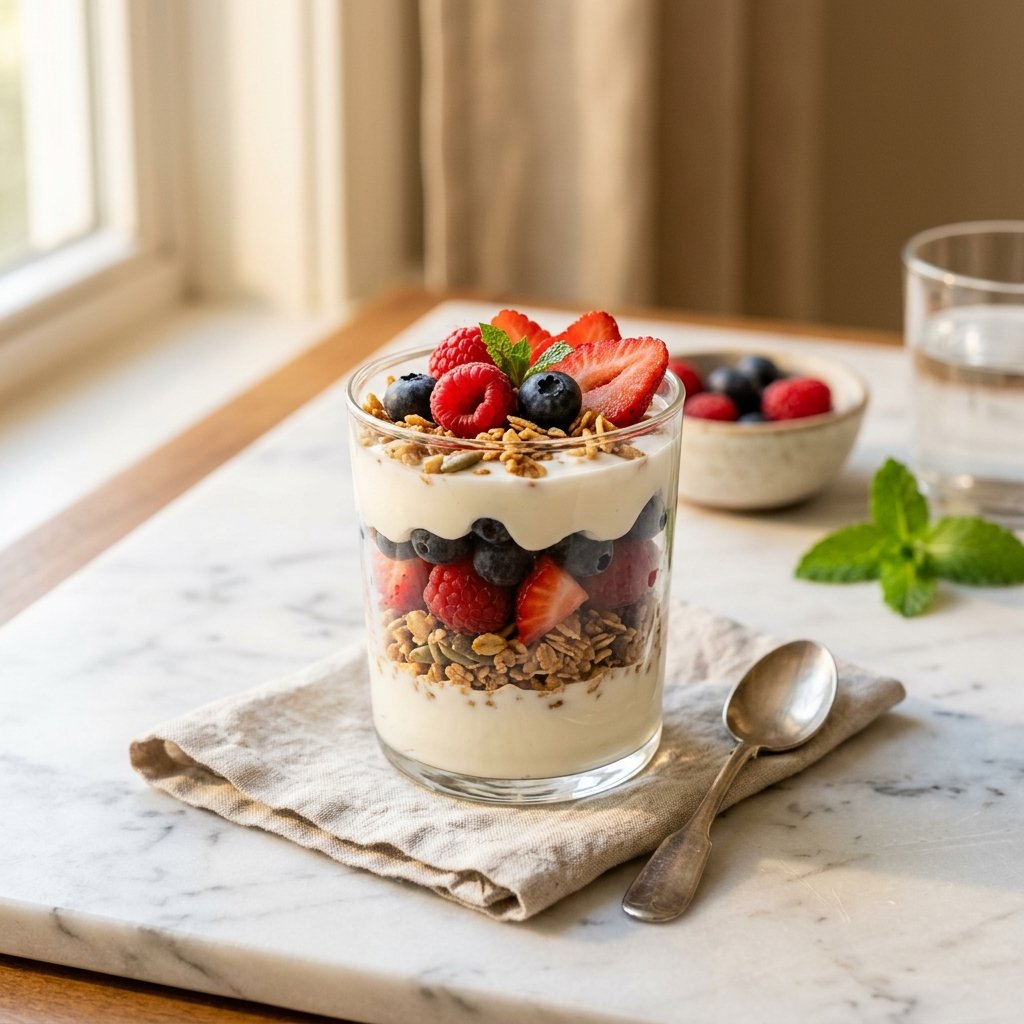 A glass parfait with Greek yogurt, mixed berries, and granola on a white marble surface.