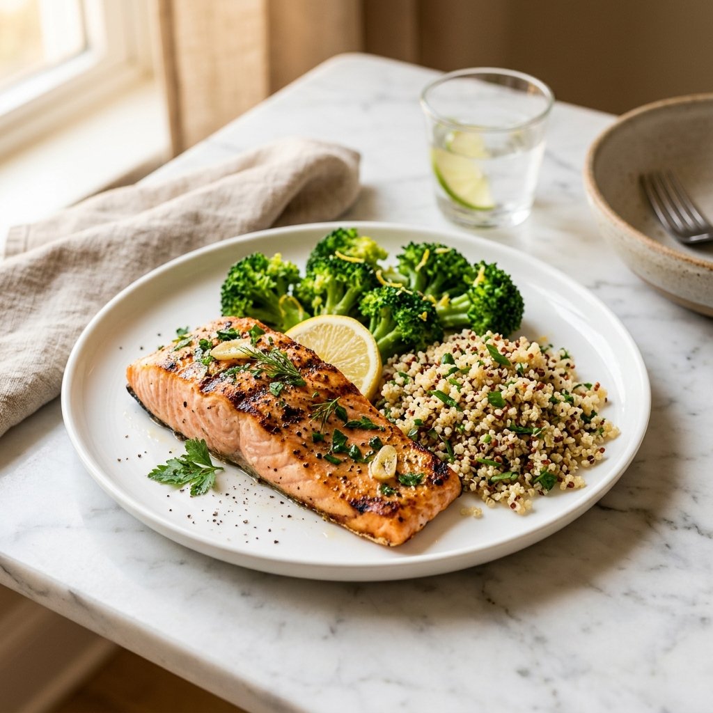 A plate with grilled lemon-garlic salmon, quinoa, and steamed broccoli on a white marble surface.