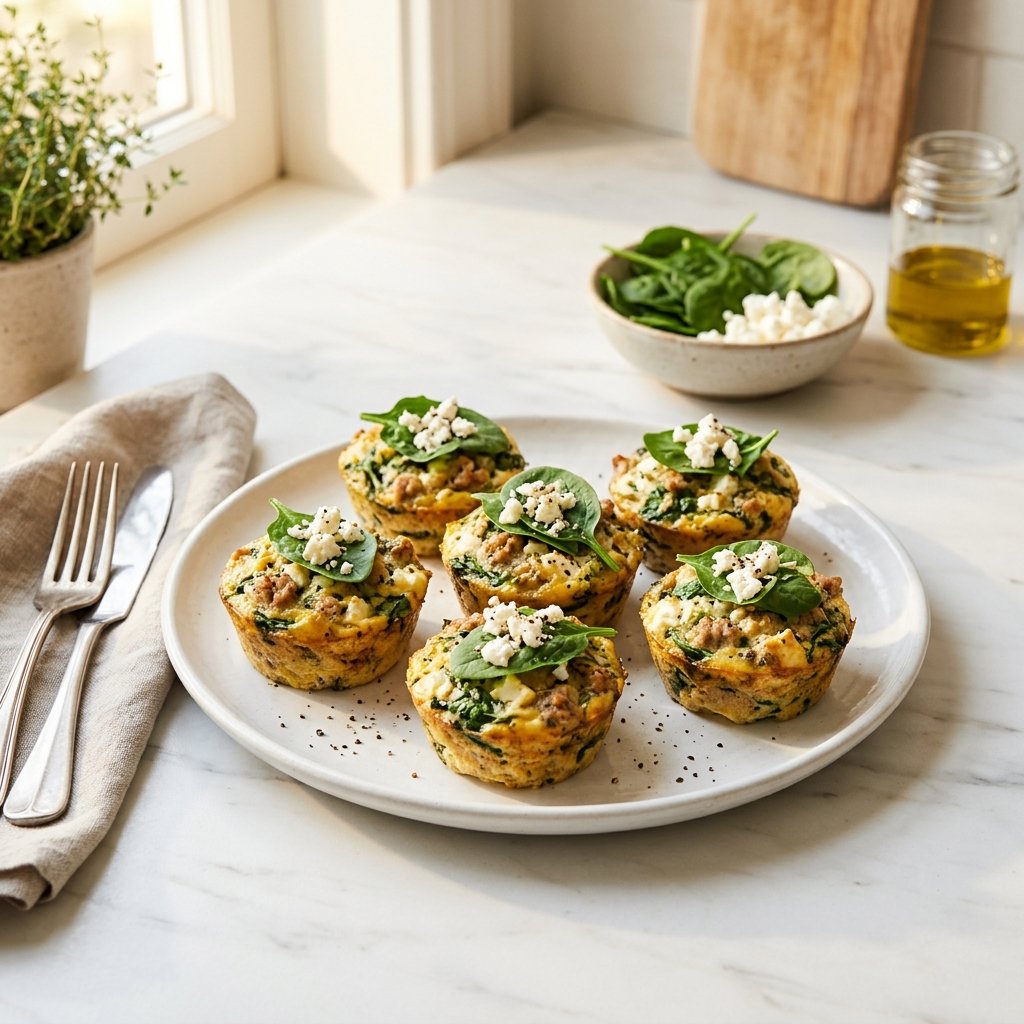 Plate of turkey and spinach egg muffins with feta on a white marble surface, with natural light illuminating the food.