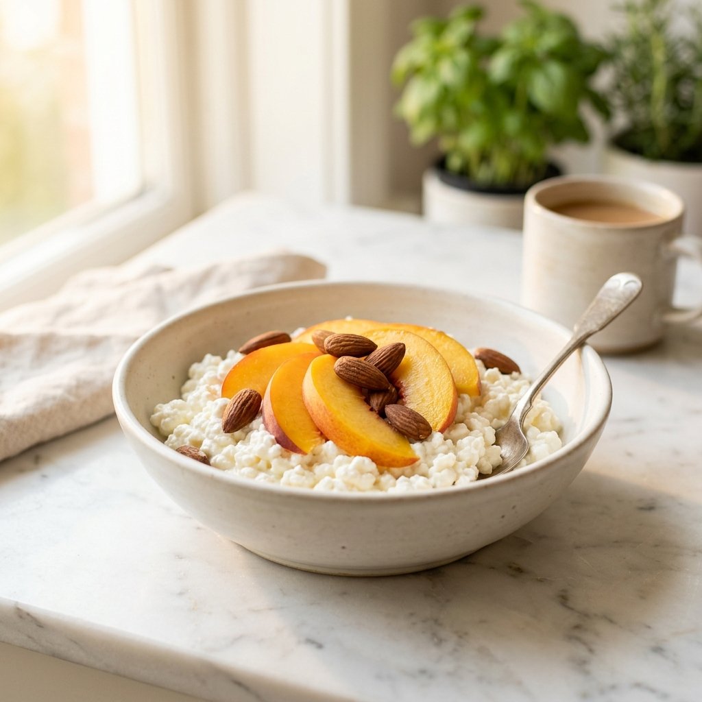 A bowl of cottage cheese topped with peach slices and almonds on a white marble surface.
