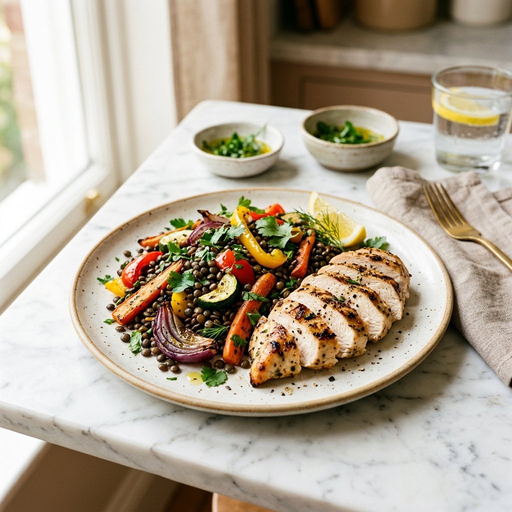 Plate of lentil and roasted vegetable salad with sliced grilled chicken on a white marble surface.