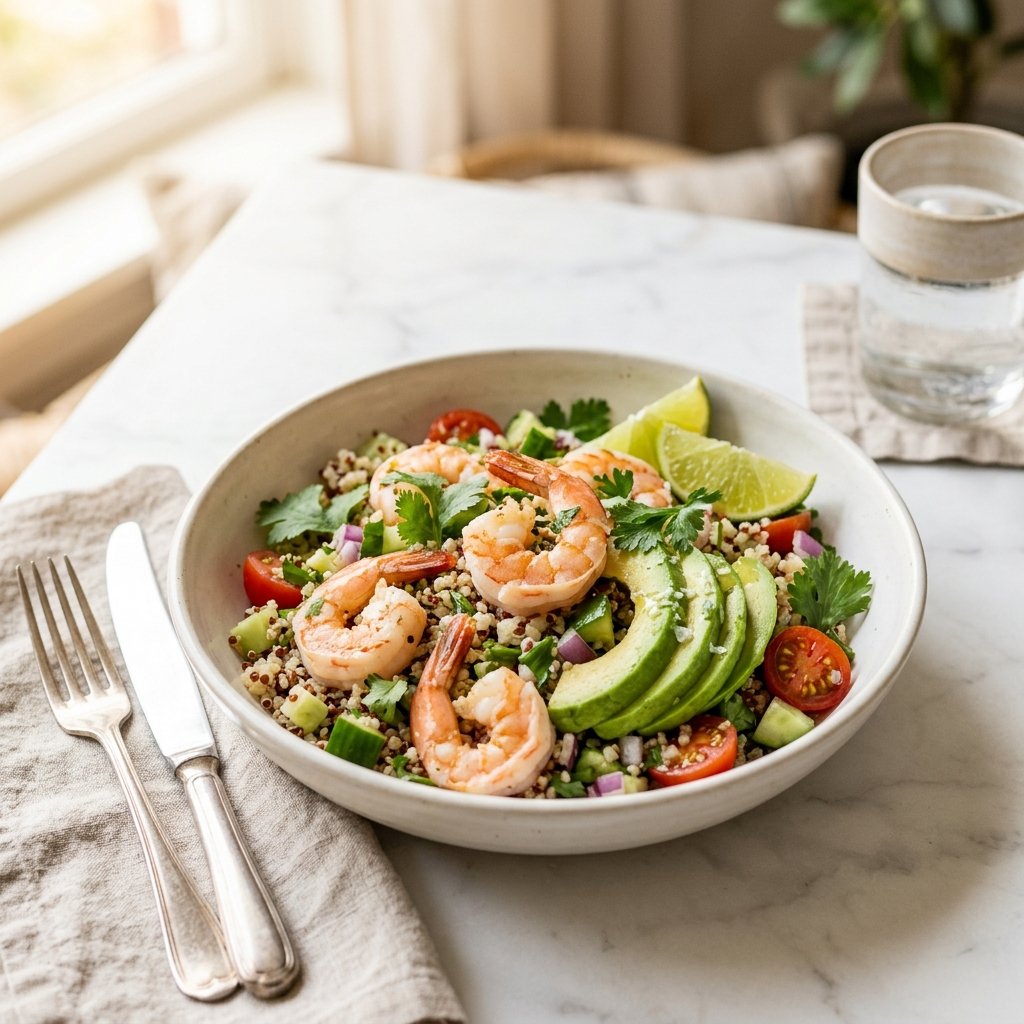 A bowl of shrimp and avocado quinoa salad with lime wedges on a white marble surface.