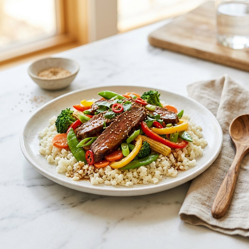 A plate of beef and vegetable stir-fry served over cauliflower rice on a white marble surface with minimal props.