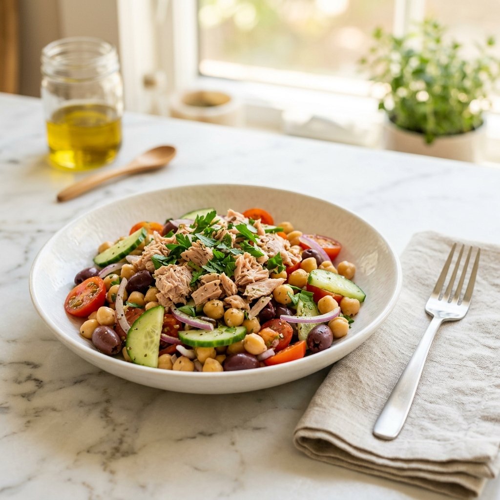 A bowl of chickpea and tuna Mediterranean salad on a white marble surface with fresh vegetables and herbs.