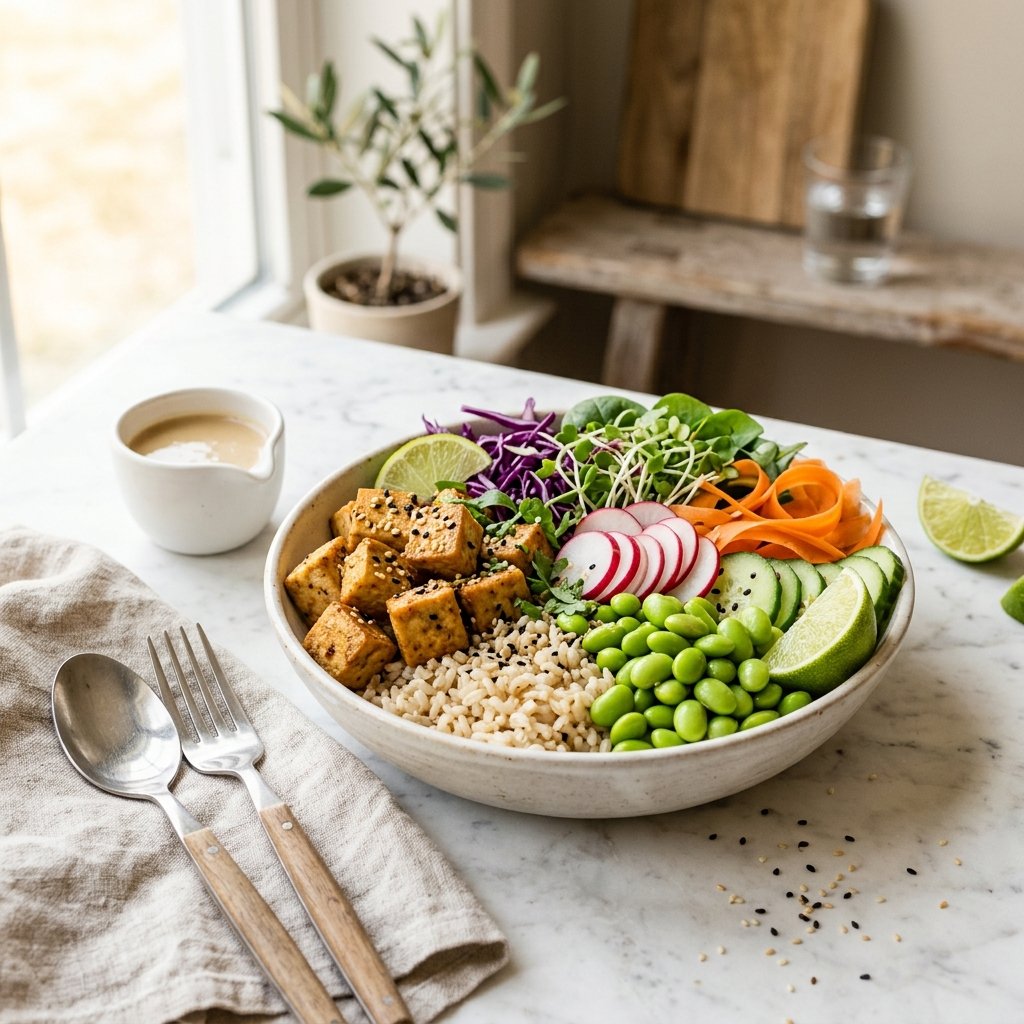 A bowl of baked tofu, edamame, and brown rice arranged neatly on a white marble surface.