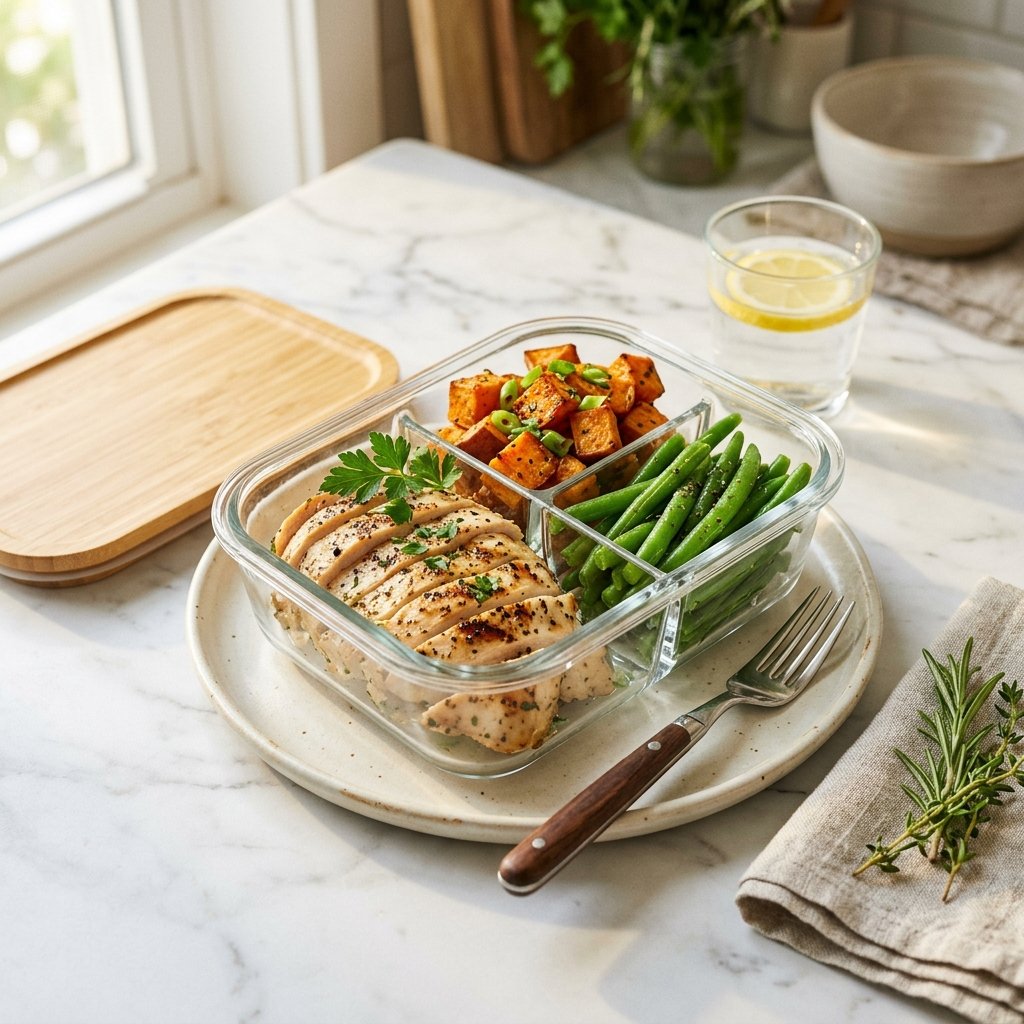 Meal-prep tray with chicken breast, roasted sweet potatoes, and green beans on a white marble surface.