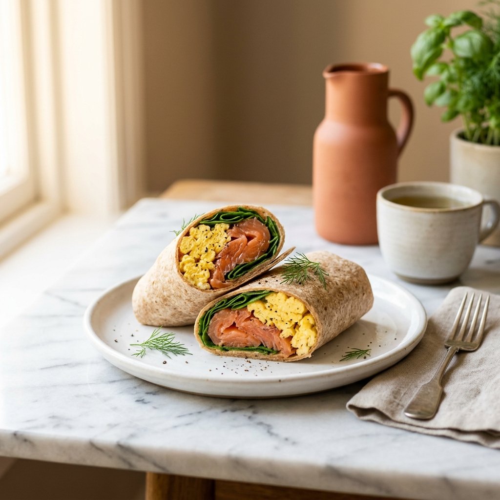 Close-up of a smoked salmon and scrambled egg wrap with spinach on a white plate, placed on a marble surface.