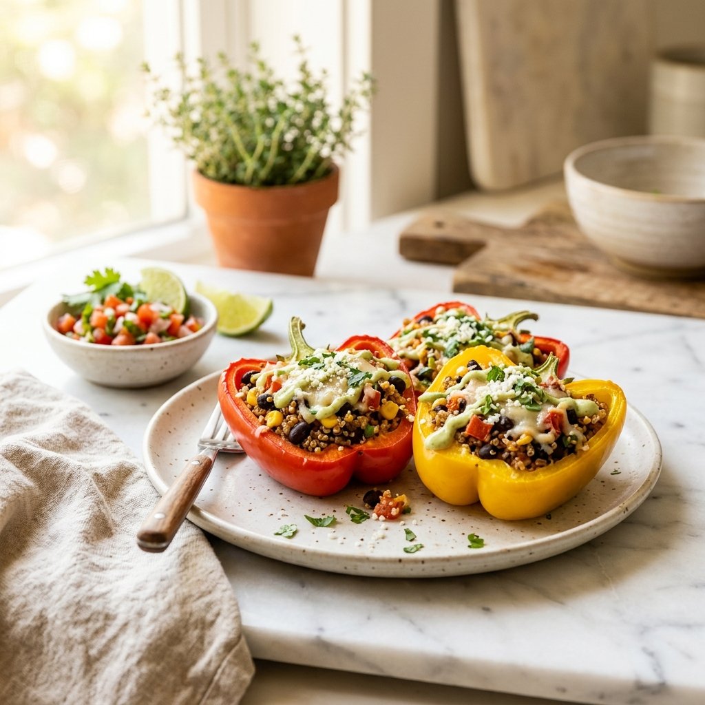 A plate of black bean and quinoa stuffed bell peppers on a white marble surface with natural light illuminating the dish.