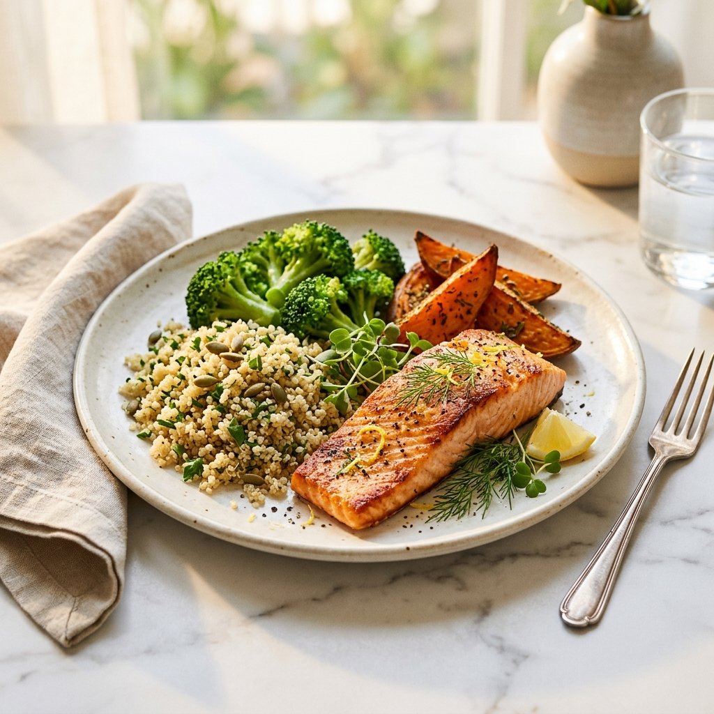 A plated high-protein meal with grilled salmon, quinoa, broccoli, and roasted sweet potatoes on a white marble surface with minimal props.
