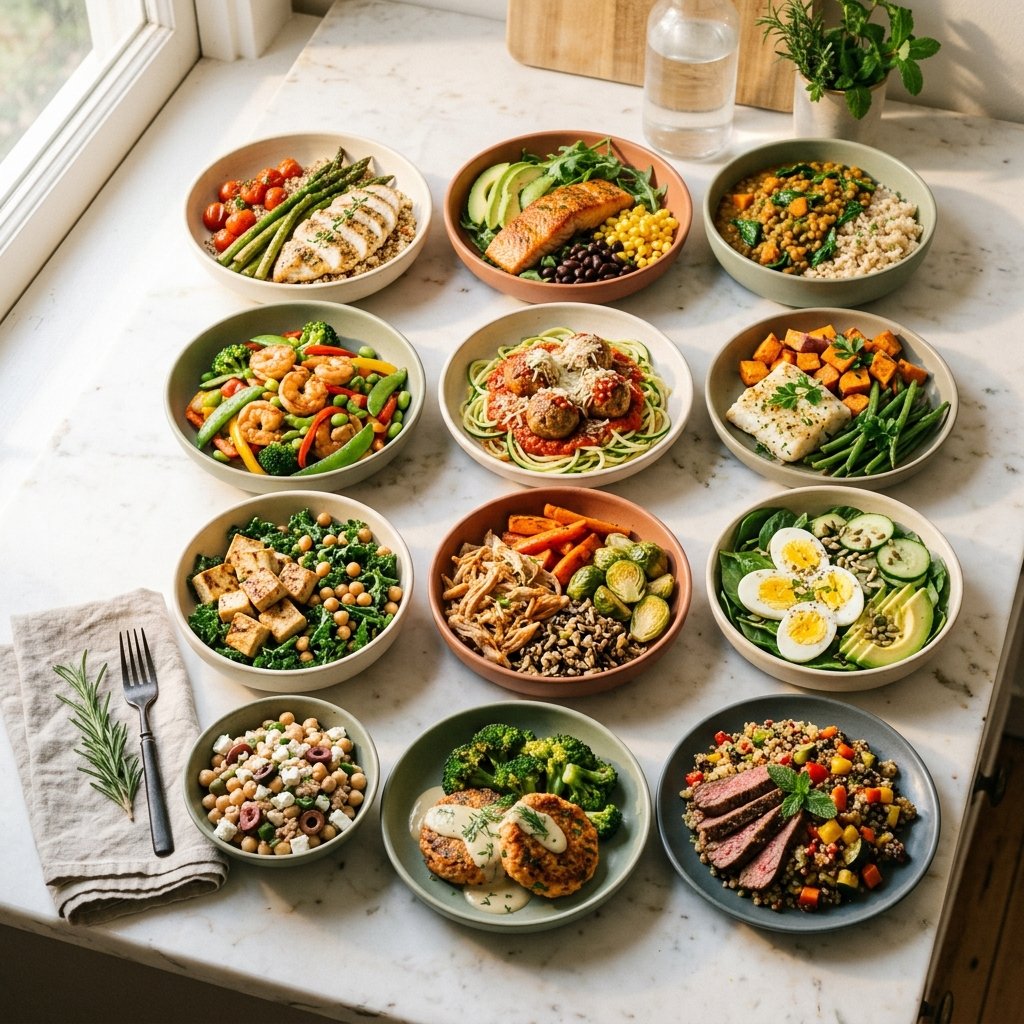 A variety of high-protein meal prep dishes arranged on a white marble surface, including grilled chicken, roasted vegetables, quinoa, lentils, and avocado slices, presented on elegant plates with minimal garnishes.