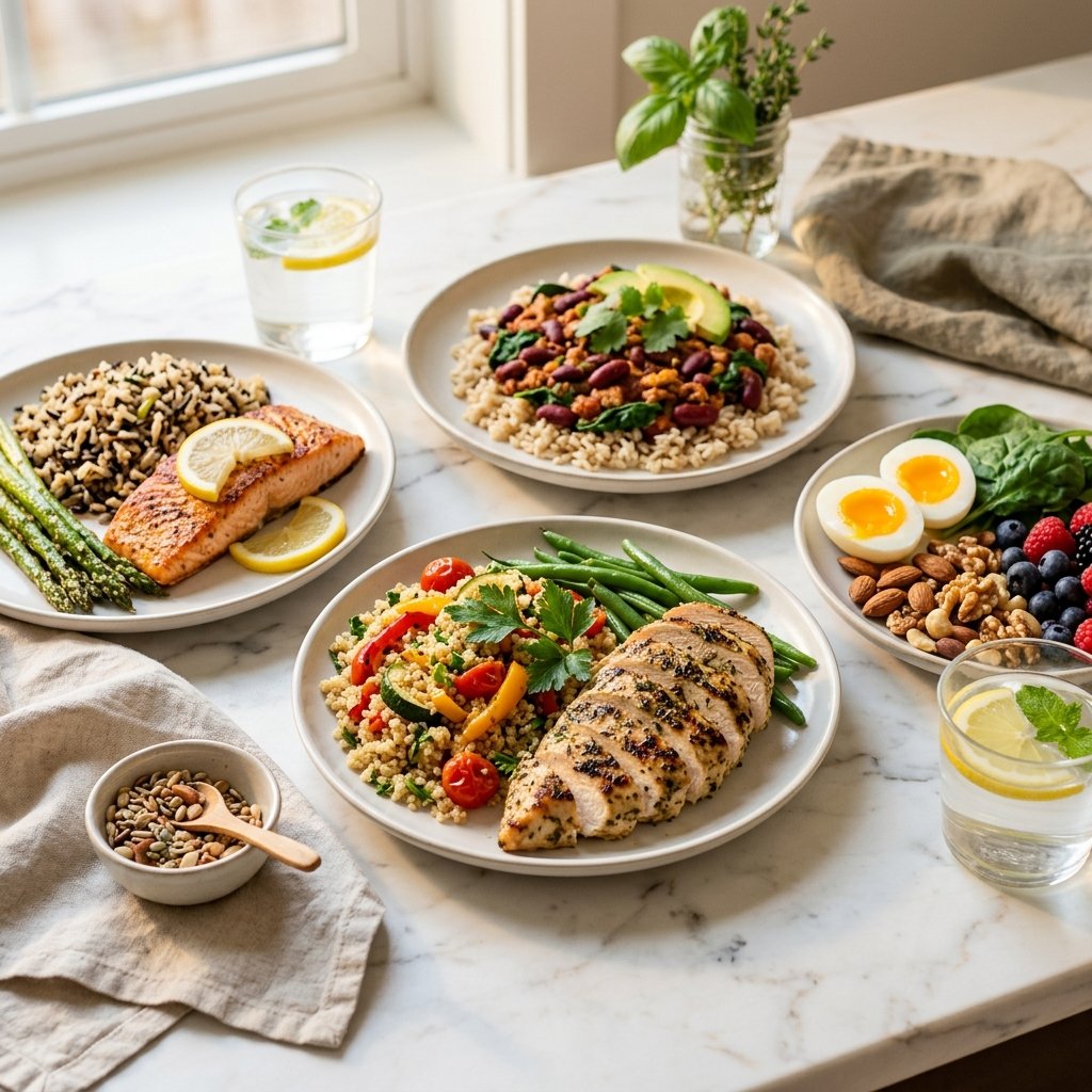 A bright and airy arrangement of high-protein meal prep dishes including grilled chicken, quinoa salad, boiled eggs, and nuts on white plates placed on a marble surface.