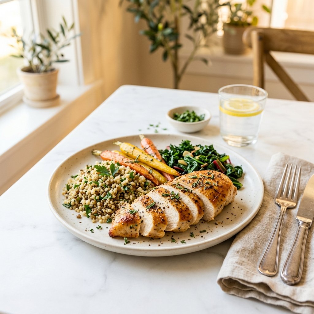 A plated chicken dish with roasted vegetables and grains on a white marble surface.