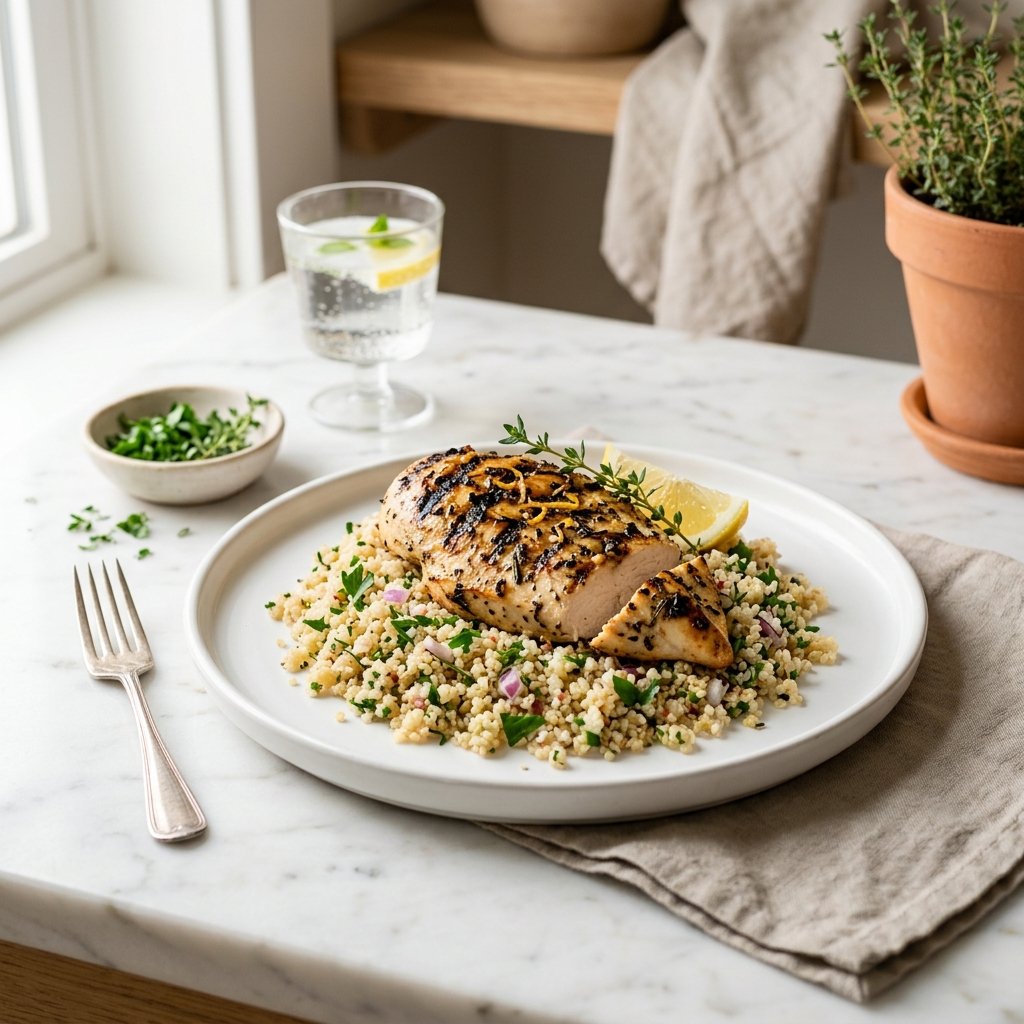 Grilled lemon-garlic chicken breast served on quinoa on a white plate with a lemon wedge and fresh herbs on a white marble surface.