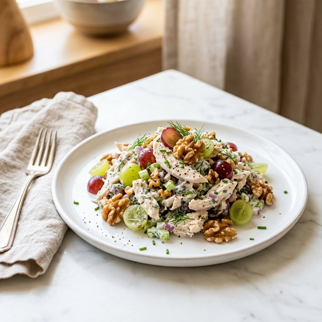 A plate of Greek yogurt chicken salad with grapes and walnuts on a white marble surface.