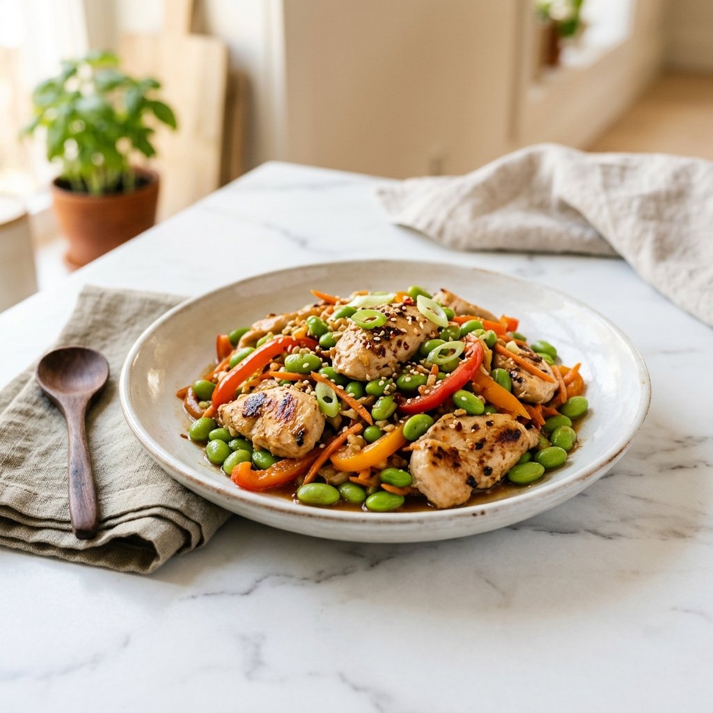 Plate of stir-fried chicken and edamame in ginger-sesame sauce on a white marble surface.