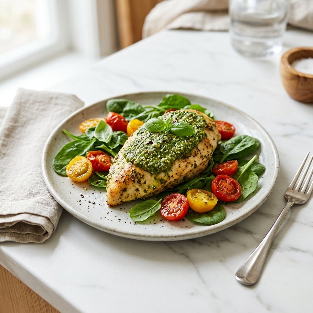 A plated baked pesto chicken dish with cherry tomatoes and spinach on a white marble surface.
