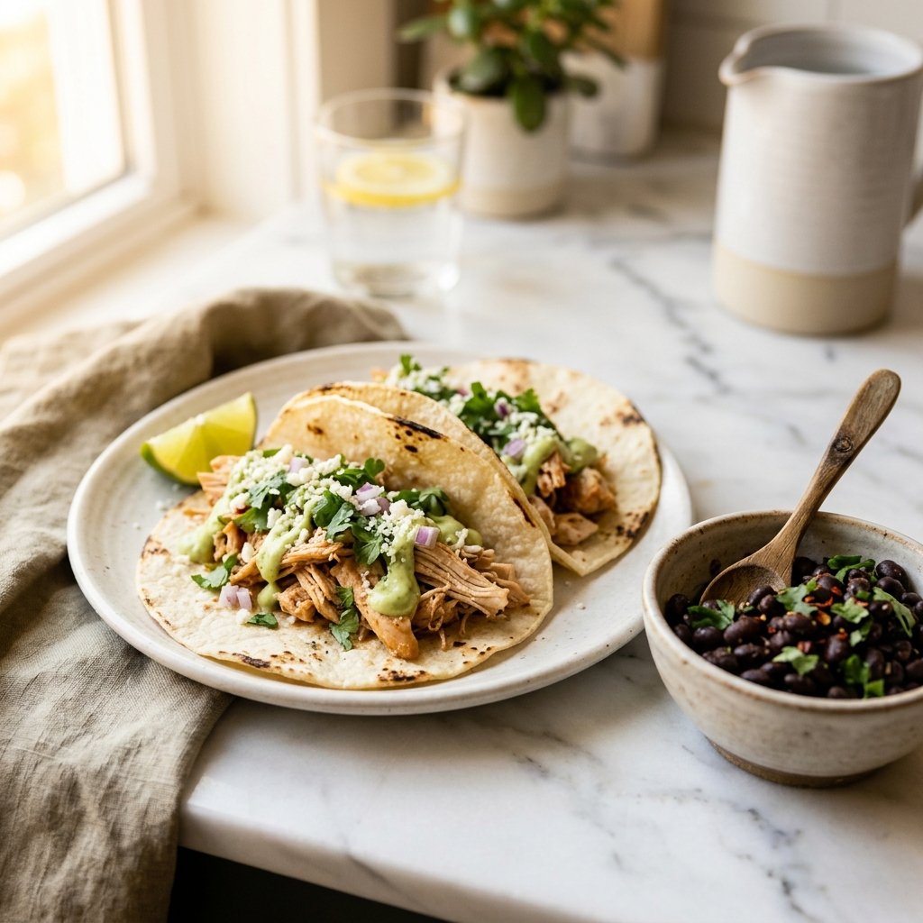Shredded rotisserie chicken tacos on corn tortillas served with a bowl of black beans on a white marble surface.