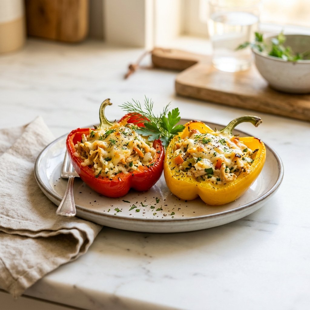 A plate of stuffed bell peppers filled with chicken and cottage cheese on a white marble surface, garnished with fresh herbs.