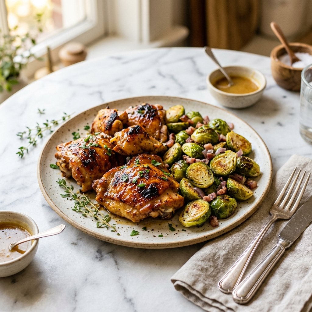 A plate with honey-mustard glazed chicken and roasted Brussels sprouts on a white marble surface.