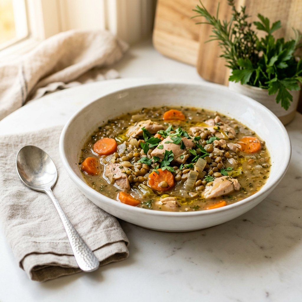 A bowl of chicken, lentil, and carrot stew on a white marble surface with a spoon and linen napkin nearby.